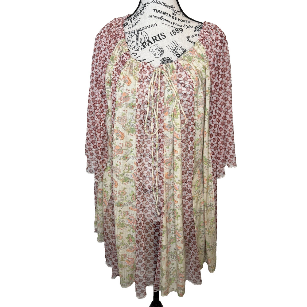 Free People Women’s Short Dress Small Semi Sheer Multicolor 3/4 Sleeve Boho